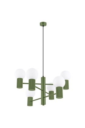 Sollux Halo SL.1832 olijf groene kroonluchter met zes geribbelde fittinghouders en wit glazen lampenkappen