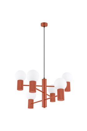 Sollux Halo SL.1833 oker rode kroonluchter met zes geribbelde fittinghouders en wit glazen lampenkappen