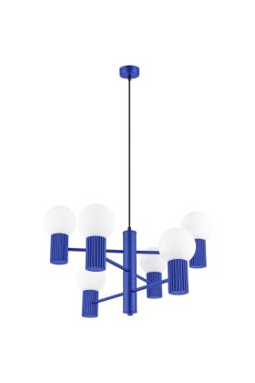 Sollux Halo SL.1835 marine blauwe kroonluchter met zes geribbelde fittinghouders en wit glazen lampenkappen
