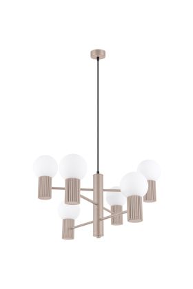Sollux Halo SL.1836 taupe bruine kroonluchter met zes geribbelde fittinghouders en wit glazen lampenkappen