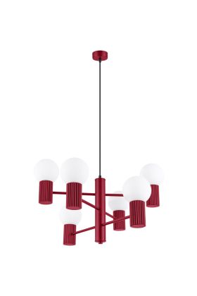Sollux Halo SL.1837 burgundy rode kroonluchter met zes geribbelde fittinghouders en wit glazen lampenkappen