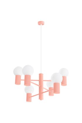 Sollux Halo SL.1838 perzik kleurige kroonluchter met zes geribbelde fittinghouders en wit glazen lampenkappen