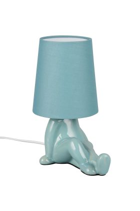 Reality Huma blauwe tafellamp van 24,5 cm hoog met lampvoet in de vorm van een zittend lichaam en een kapje van textiel als hoofd
