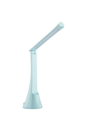 Brilliant Idana lichtblauwe oplaadbare bureaulamp van 37 cm hoog met kantelbare langwerpige kop en touchdimmer op de voet