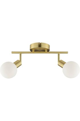 Brilliant Jorge mat messing plafondspot van 41,5 cm lang met twee wit bolvormig gesloten glazen kapjes