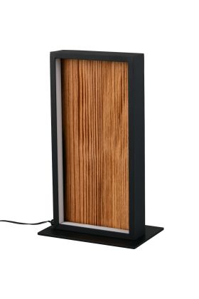 Trio Kalea 555510130 zwarte tafellamp met houten plank en lichtbalken rondom voor strijklicht