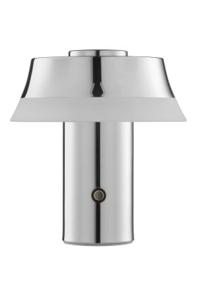 Brilliant Kinich chroom kleurige oplaadbare tafellamp van 16,5 cm hoog en 15 cm in diameter met LED acryl rand onder de kap