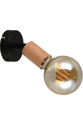 Casalum Lamego zwart metalen spot van 11 cm hoog met imitatiehouten fittinghouder en goudkleurige globelamp