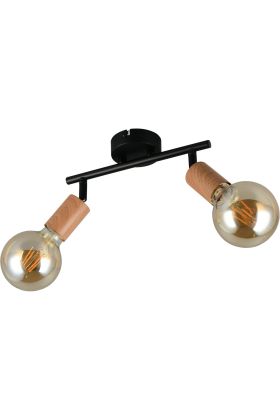 Casalum Lamego zwart metalen plafondspot van 35 cm lang met twee spots met imitatiehouten fittinghouder en goudkleurige globelamp