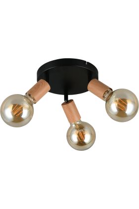 Casalum Lamego zwart metalen plafondspot van 29 cm in diameter met drie spots met imitatiehouten fittinghouder en goudkleurige globelamp