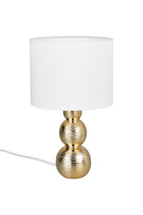 Reality Lova tafellamp van 29 cm hoog met goudkleurige voet bestaande uit drie gestapelde ballen met een kapje van 17 cm in diameter van wit textiel