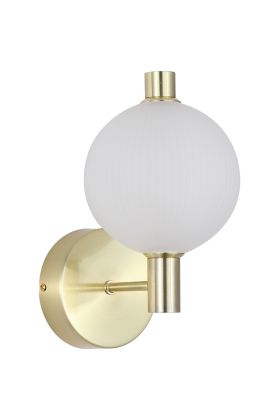 Searchlight Luminique mat messing wandlamp van 27cm hoog met een staande kap van bolvormig mat geribbeld glas