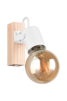 Casalum Lynar spot met houten bevestingsbalkje van 13 cm hoog en wit metalen fittinghouder met goudkleurige globelamp
