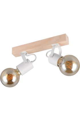 Casalum Lynar plafondspot met houten bevestingsbalk van 31 cm lang en twee wit metalen fittinghouders met goudkleurige globelamp