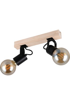 Casalum Lynar plafondspot met houten bevestingsbalk van 31 cm lang en twee zwart metalen fittinghouders met goudkleurige globelamp