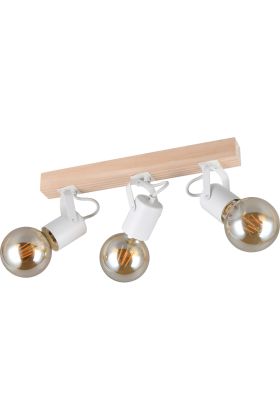 Casalum Lynar plafondspot met houten bevestingsbalk van 42 cm lang en drie wit metalen fittinghouders met goudkleurige globelamp