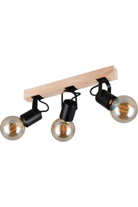 Casalum Lynar plafondspot met houten bevestingsbalk van 31 cm lang en twee wit metalen fittinghouders met goudkleurige globelamp