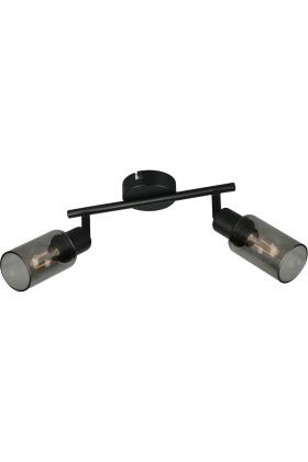 Reality Mars zwarte plafondspot van 25 cm lang met twee spotjes met elk een rookglazen kapje met een diameter van 8 cm