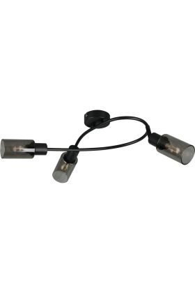 Reality Mars zwarte plafondspot van 45 cm lang met gebogen stang met drie spotjes met elk een rookglazen kapje met een diameter van 8 cm