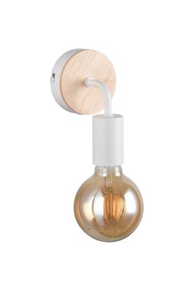 Casalum merida witte wandlamp van 15,5 cm hoog met houten plaatje over het wandplaatje en vrij hangende globelamp