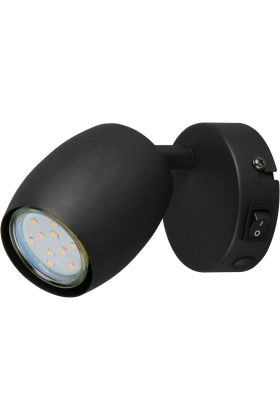 Reality Nancy zwart wandspotje van 9,5 cm hoog met GU10 lamp, kiepschakelaar en mogelijkheid voor kabeldoorvoer