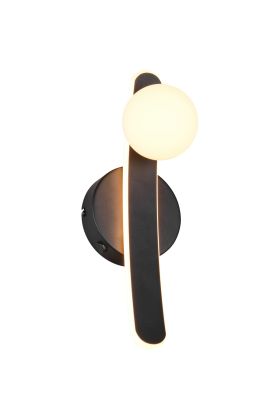 Trio Napoli zwarte wandlamp met LED langs de muur en een lichtgevende bol, met een schakelaar op de lamp