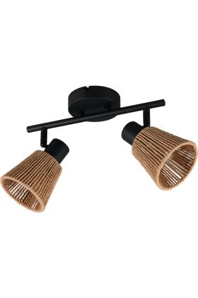 Casalum Natrel zwarte plafondspot van 40,5 cm lang met twee spotjes aan een buis met kapjes van papiergaren met E14 kogellampje