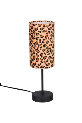 Reality Pardina tafellamp van 36 cm hoog met ronde kap van textiel met een luipaard huid print