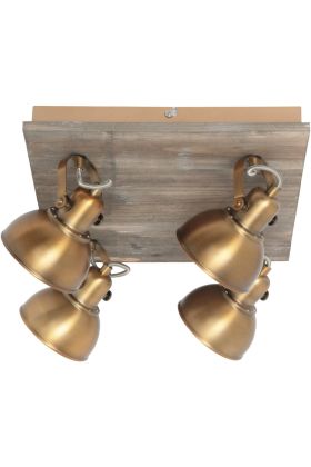 Freelight Santo plafondspot met vierkante whitewash houten plafondplaat en vier bronskleurige metalen spots