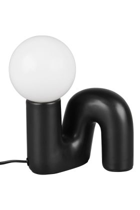 Reality Quinn zwarte tafellamp van 21,5 cm hoog met N vormige lampvoet van keramiek met rond glazen lichtbol met een diameter van 10 cm op de N