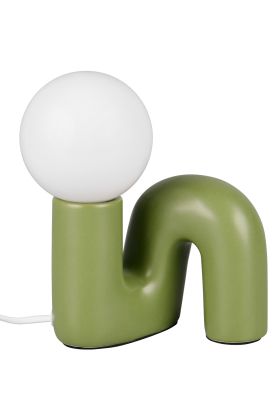 Reality Quinn groene tafellamp van 21,5 cm hoog met N vormige lampvoet van keramiek met rond glazen lichtbol met een diameter van 10 cm op de N