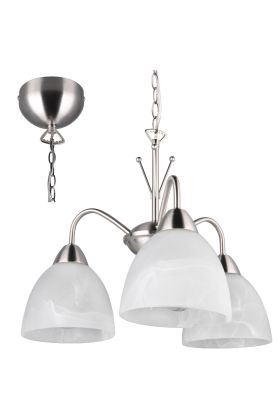 Trio Dobby drie armige staalkleurige kroonluchter van 43 cm in diameter met albast glazen kappen