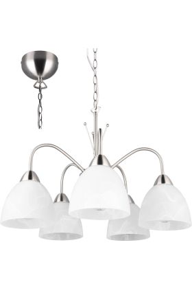 Trio Dobby vijf armige staalkleurige kroonluchter van 55 cm in diameter met albast glazen kappen