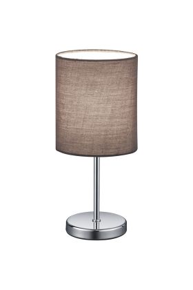 Trio Jerry R50491011 tafellampje met chromen lampvoet en grijs cilindervormig lampenkapje van textiel