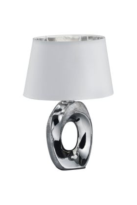 Trio Taba R50511089 tafellamp met zilverkleurige cirkelvormige voet en ovale lampenkap van wit textiel en zilverkleurige binnenzijde