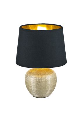 Trio Luxor R50621079 tafellampje met bolvormige goudkleurige lampvoet en kap van zwart textiel met goudkleurige binnenzijde