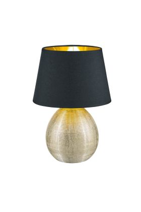 Trio Luxor R50631079 tafellampje met bolvormige goudkleurige lampvoet en kap van zwart textiel en goudkleurige binnenzijde