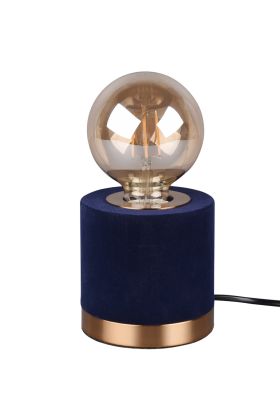 Trio Judy R50691012 blauw cilindervormig tafellampje van fluweel en messing bodem met goudkleurige E27 globe lamp