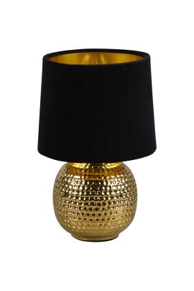 Trio Sophia R50821002 tafellampje met geribbelde goudkleurige bolvormige voet en zwart fluwelen lampenkap met goudkleurige binnenzijde