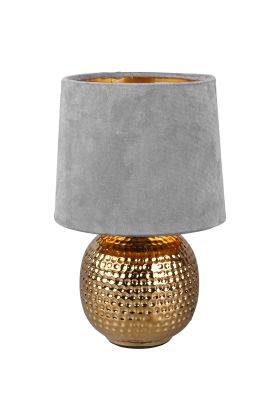 Trio Sophia R50821002 tafellampje met geribbelde goudkleurige bolvormige voet en grijs fluwelen lampenkap met goudkleurige binnenzijde