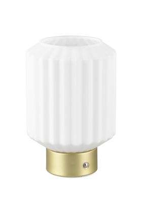 Reality Lord R57761101 oplaadbare tafellamp op batterijen met mat messing voet en geribbeld opaal glazen kap
