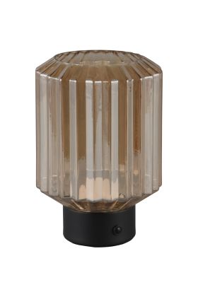 Reality Lord R57761113 oplaadbare tafellamp op batterijen met mat zwarte voet en geribbeld amber glazen kap