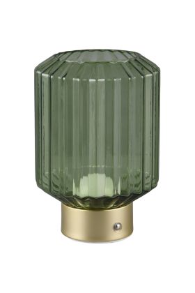 Reality Lord R57761115 oplaadbare tafellamp op batterijen met mat messing voet en geribbeld groen glazen kap