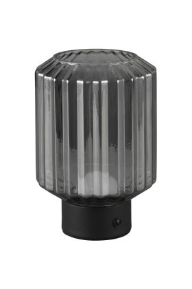 Reality Lord R57761154 oplaadbare tafellamp op batterijen met mat zwarte voet en geribbeld rook glazen kap