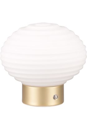 Reality Earl R57771101 oplaadbare tafellamp op batterijen met mat messing voet en geribbeld opaal ovaal glazen kap