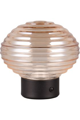Reality Earl R57771113 oplaadbare tafellamp op batterijen met mat zwarte voet en geribbeld amber ovaal glazen kap