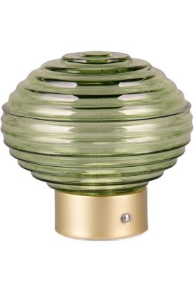 Reality Earl R57771115 oplaadbare tafellamp op batterijen met mat messing voet en geribbeld groen ovaal glazen kap
