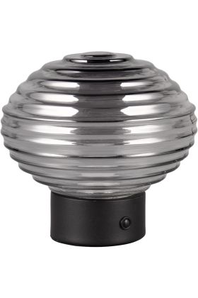 Reality Earl R57771154 oplaadbare tafellamp op batterijen met mat zwarte voet en geribbeld ovaal rookglazen kap