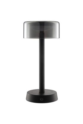 Brilliant Razor zwarte oplaadbare tafellamp van 26 cm hoog met rond rookglazen kap van 12 cm in diameter