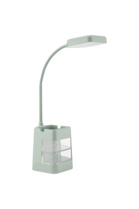 Brilliant Rena oplaadbare mintgroene bureaulamp van 50,5 cm hoog met twee transparante lades in de voet en bakje op de voet met vierkante kop met geïntegreerde LED